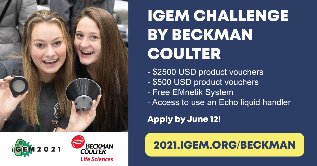 Image of two women smiling and holding scientific devices, accompanied by the text iGEM Challenge by Beckman Coulter